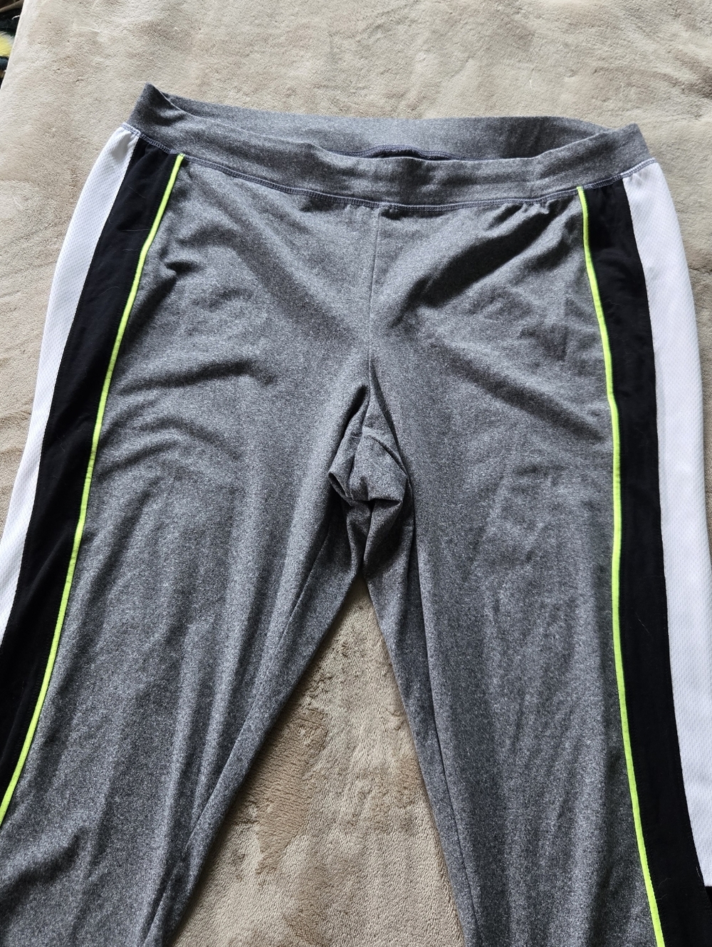 Catherinrs Gray Athletic Leggings with Black & White Side Panels and Neon Trim
